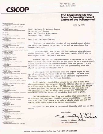 Carta de CSICOP sobre el OVNI en laguna de Cote